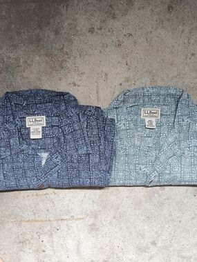L.L. Bean X 2 Men’s Short-Sleeve Camp Collar Printed Shirt - Blue / Green Aztec